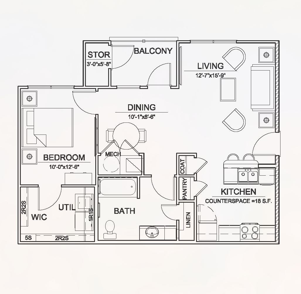 1 Bed 1 Bath Floor Plan